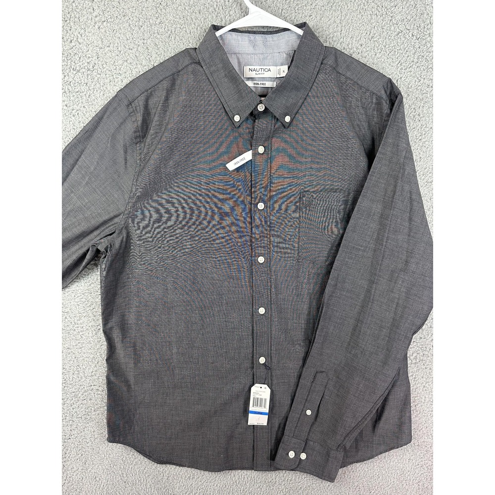 Nautica Shirt Mens XL Gray Slim Fit Iron Free Long Sleeve Button Up Pocket New